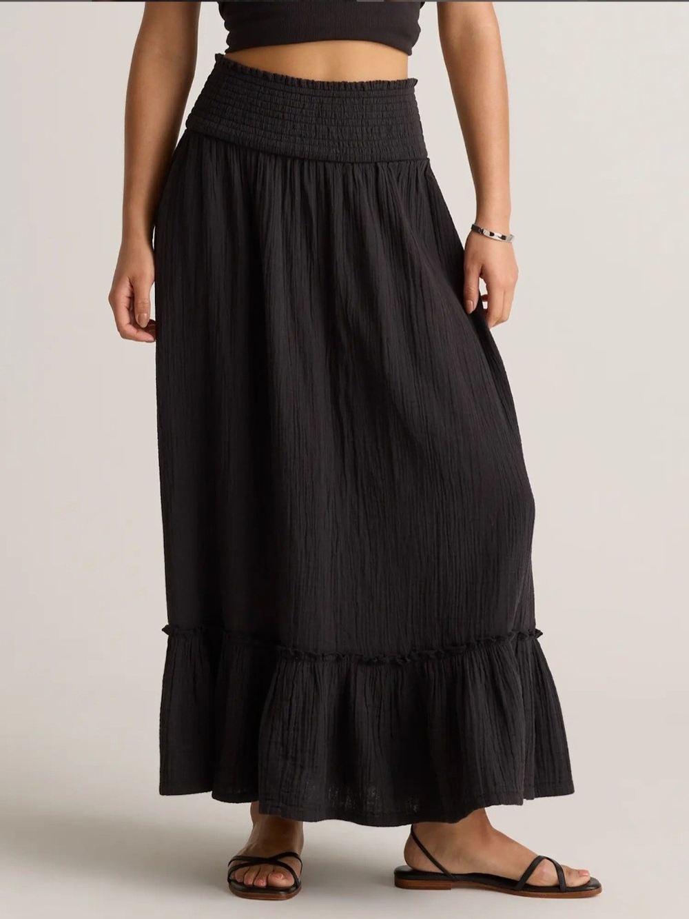 Quince 100% Organic Cotton Gauze Smocked Maxi Skirt L Black Flowy Vacation Beach